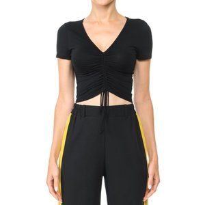Black ruched tie front V-neck crop top